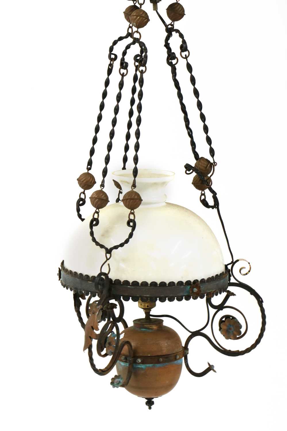 A wrought iron and copper mounted hanging ceiling light, - Image 2 of 2