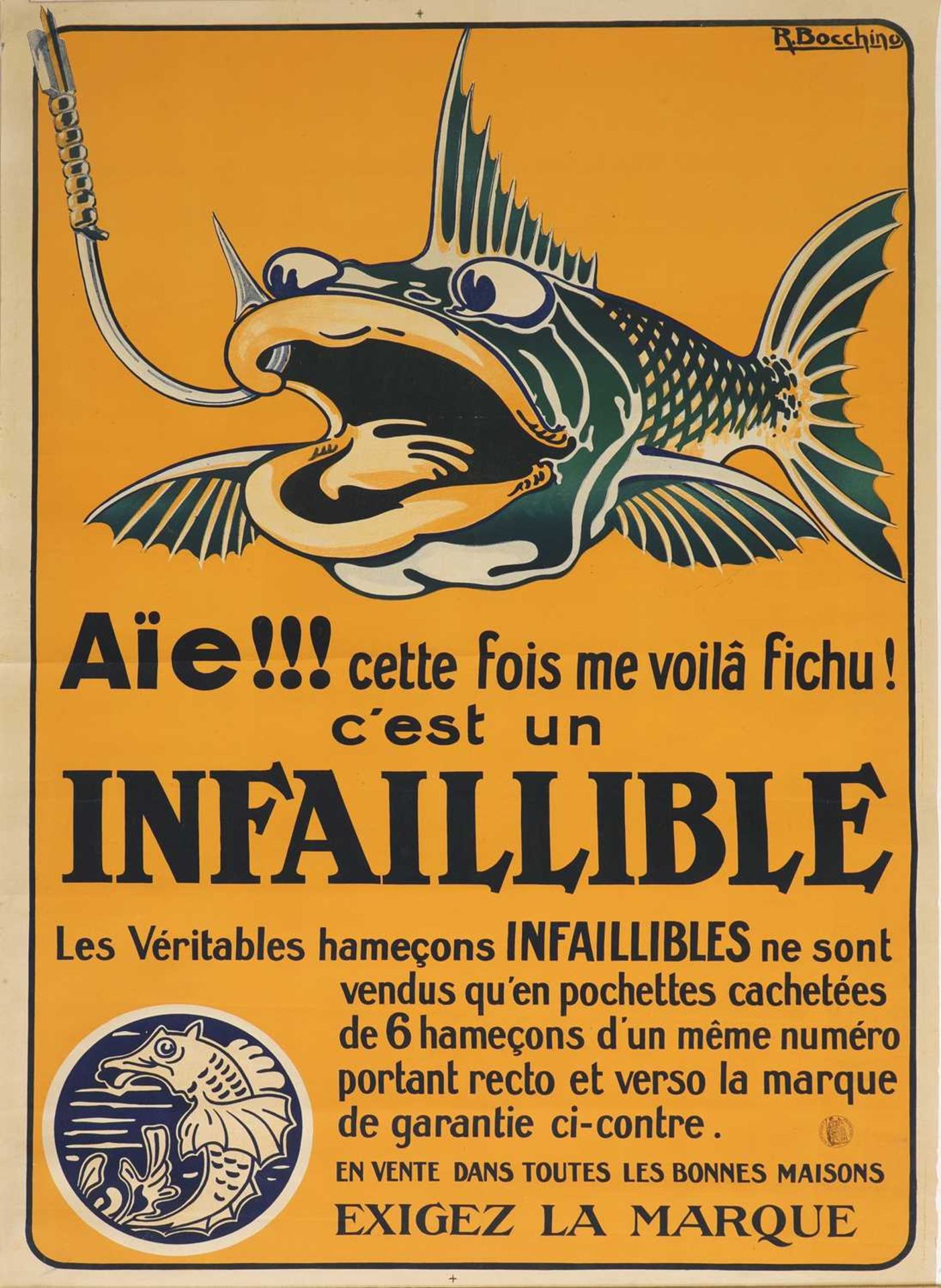 An advertising poster for Infaillible fishing hooks,