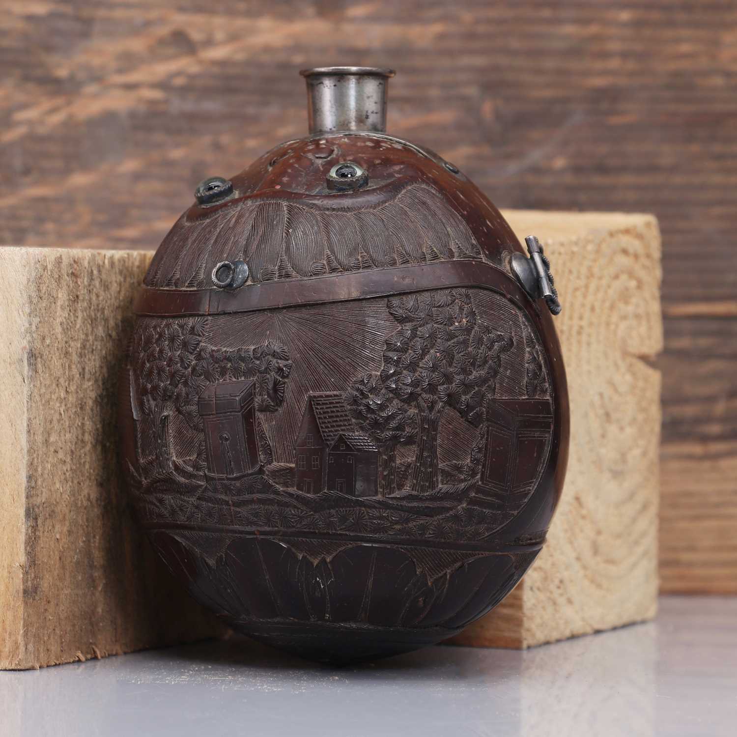 A carved 'bugbear' coconut flask, - Image 3 of 4