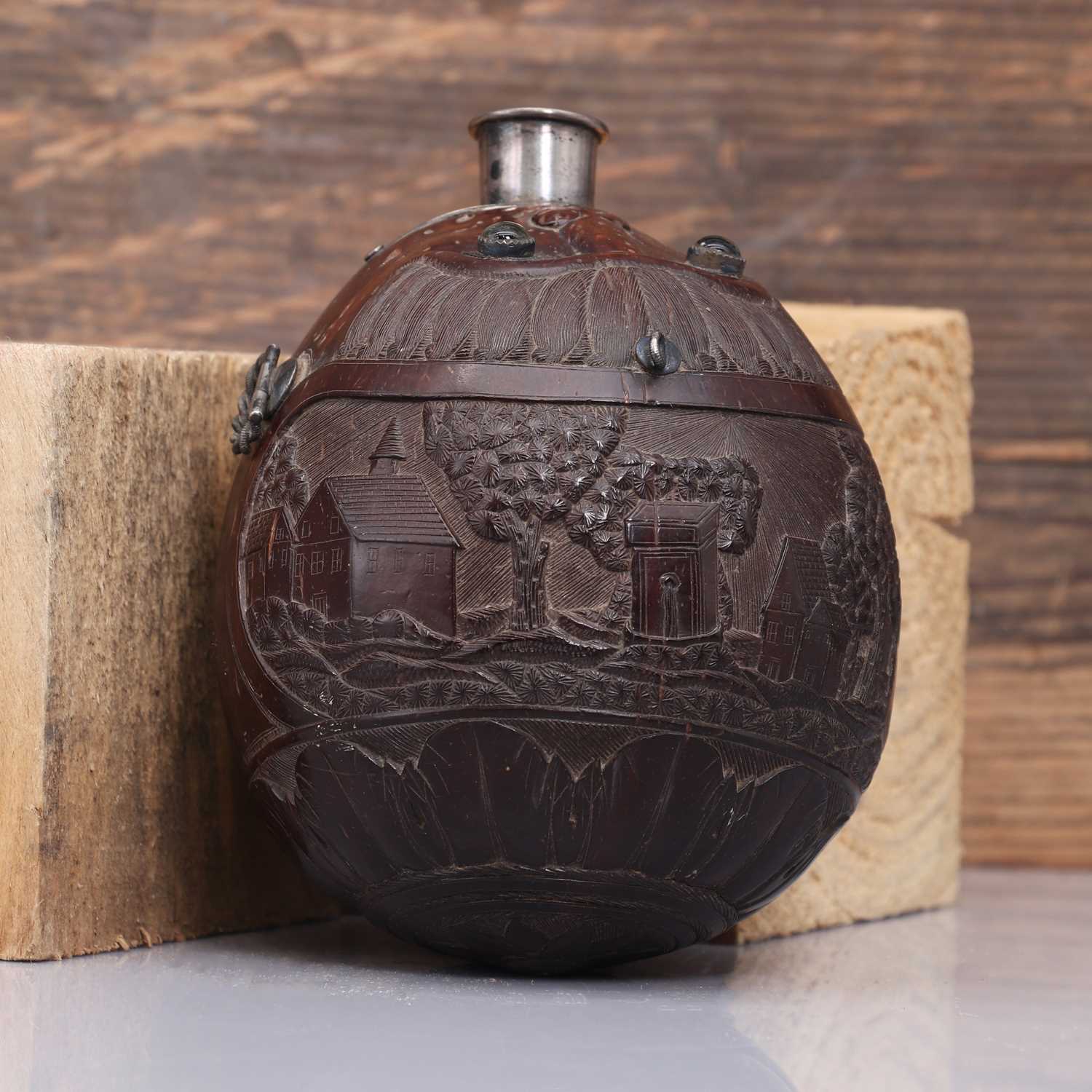 A carved 'bugbear' coconut flask, - Image 2 of 4