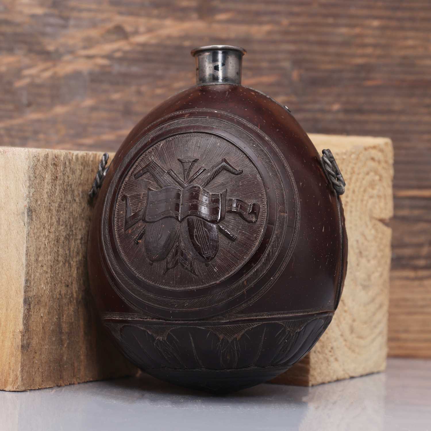 A carved 'bugbear' coconut flask, - Image 4 of 4