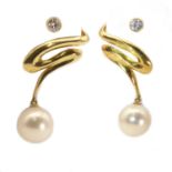 A pair of 18ct gold diamond and cultured pearl drop earrings, c.1980,