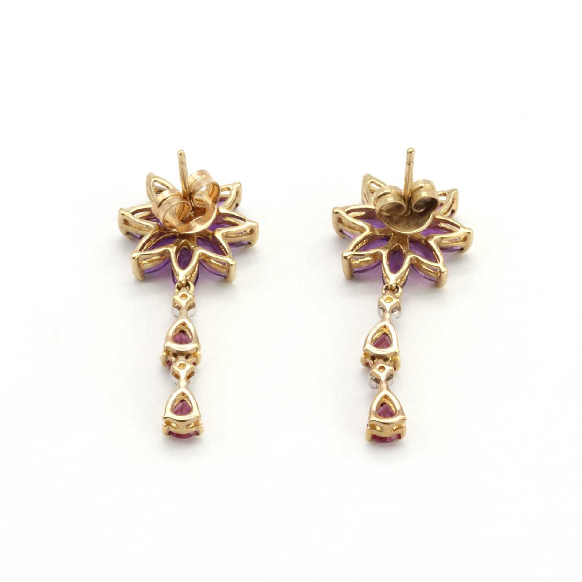 A pair of 9ct gold amethyst, garnet and diamond floral drop earrings, - Image 2 of 2