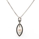 An 18ct white gold diamond and cultured pearl pendant,