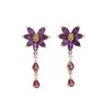 A pair of 9ct gold amethyst, garnet and diamond floral drop earrings,