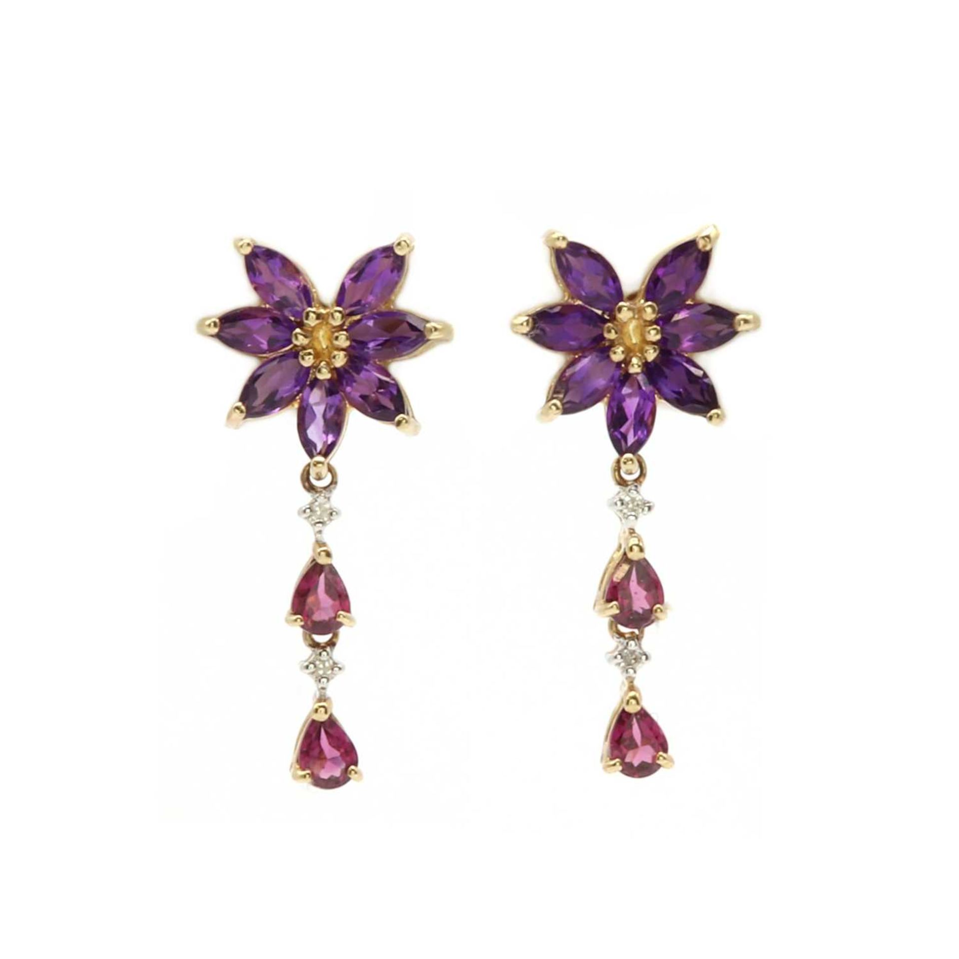 A pair of 9ct gold amethyst, garnet and diamond floral drop earrings,
