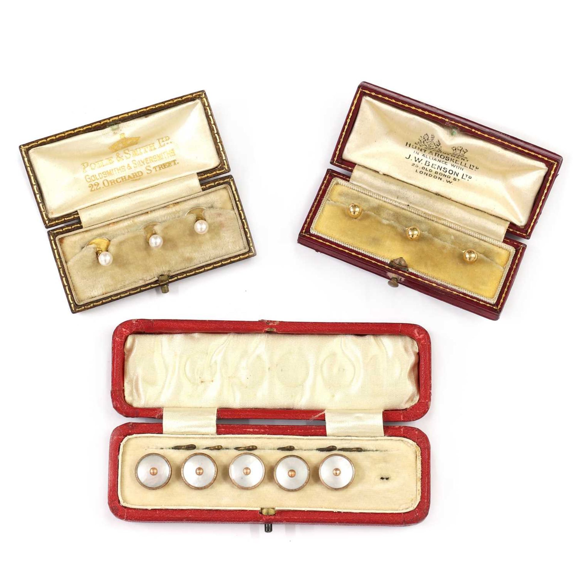 Three cased sets of gold gentlemen's dress studs,