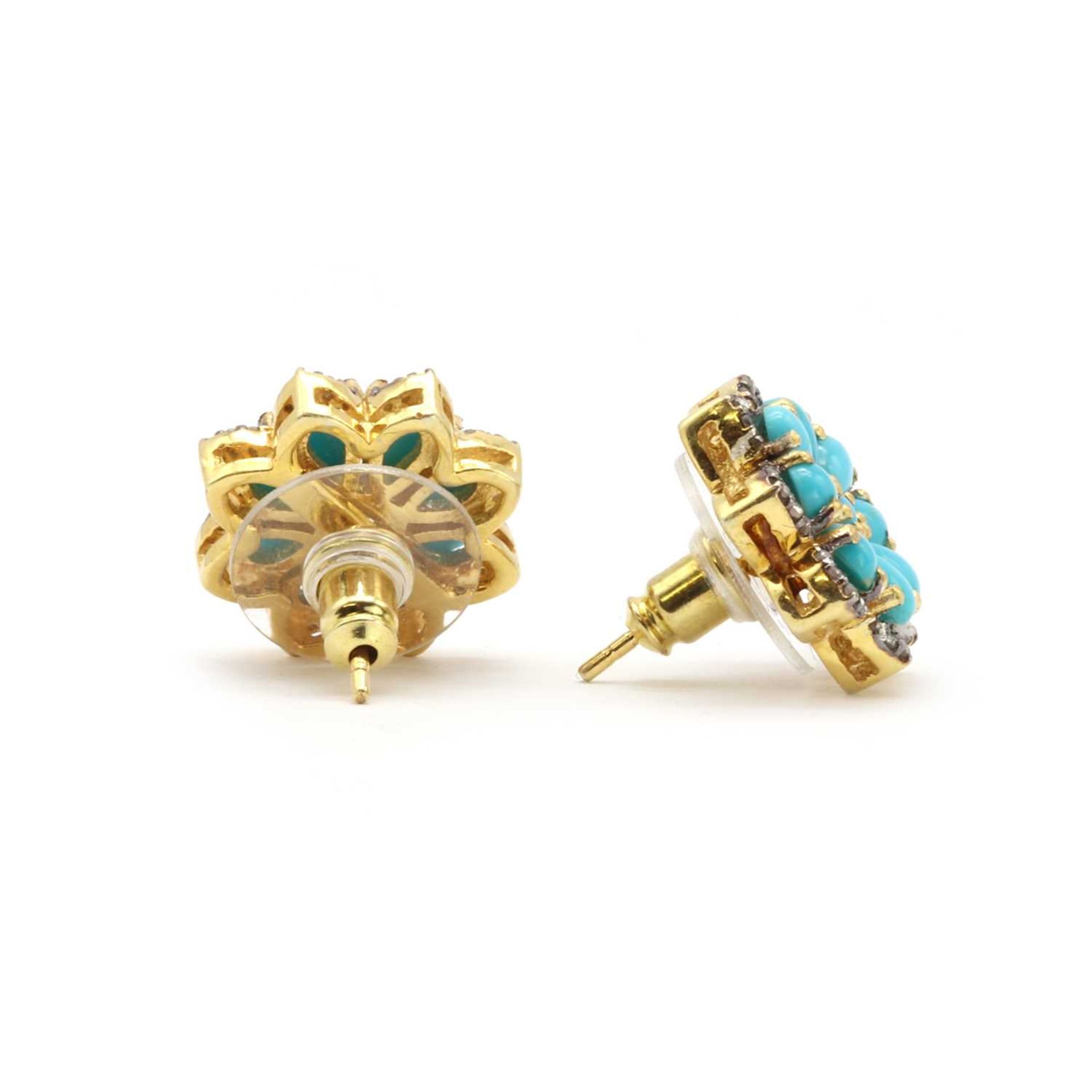 A pair of turquoise and diamond cluster stud earrings, - Image 2 of 2