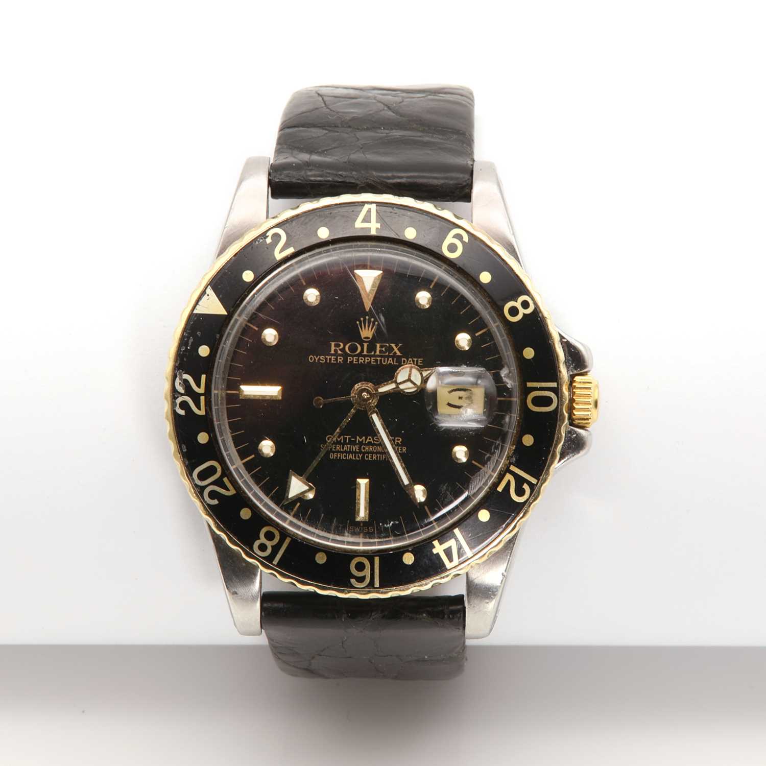 A gentlemen's bi-colour Rolex 'GMT-Master' automatic strap watch, c.1979,