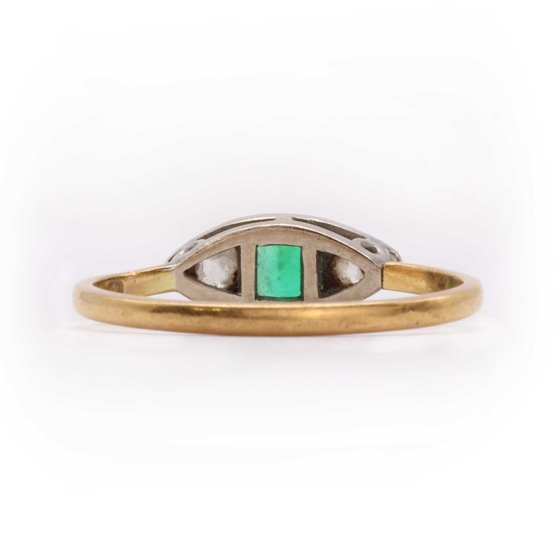 A three stone Emerald and diamond boat shaped ring, - Image 2 of 3