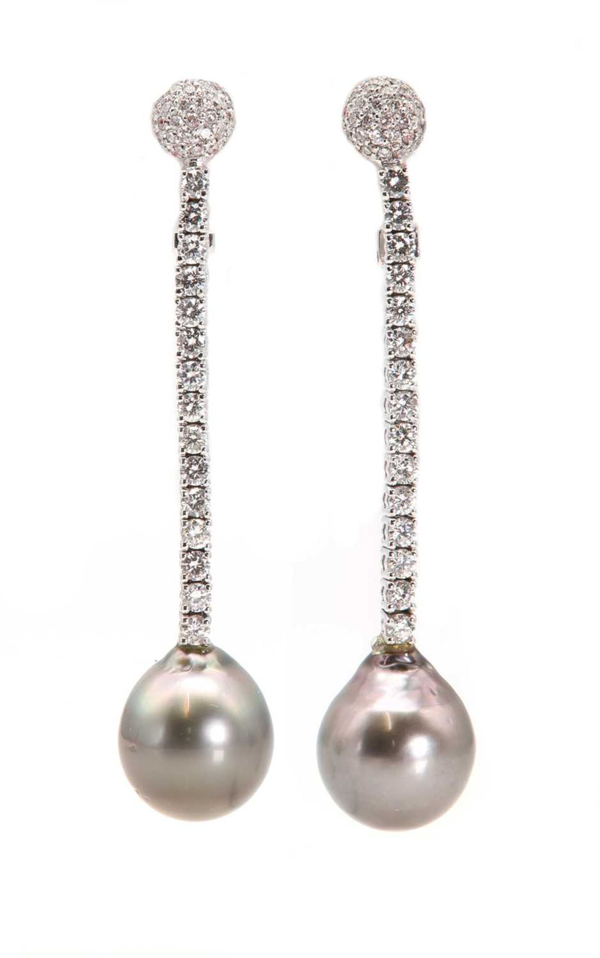 A pair of Tahitian cultured pearl and diamond drop earrings,