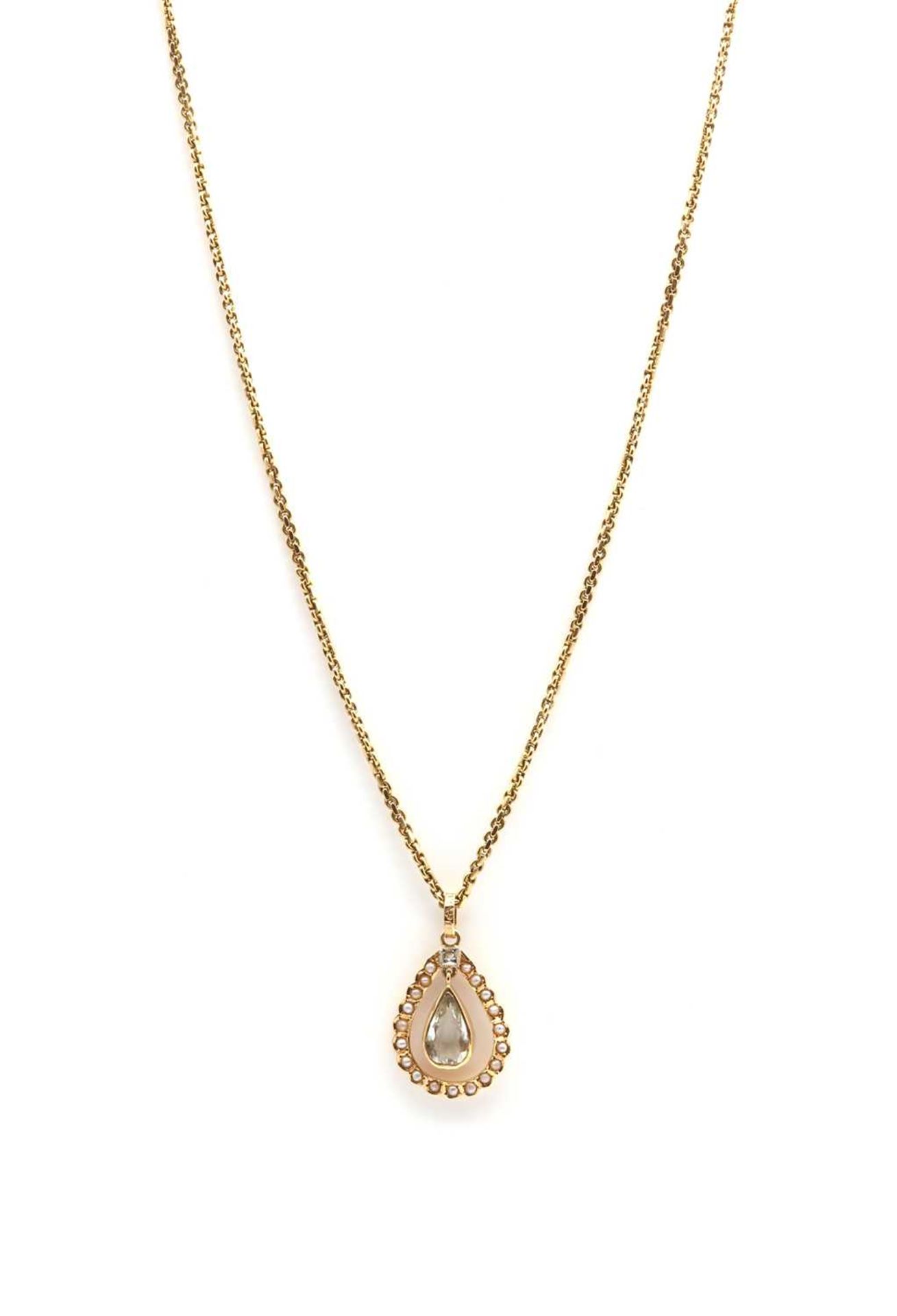 An aquamarine and split pearl teardrop pendant,