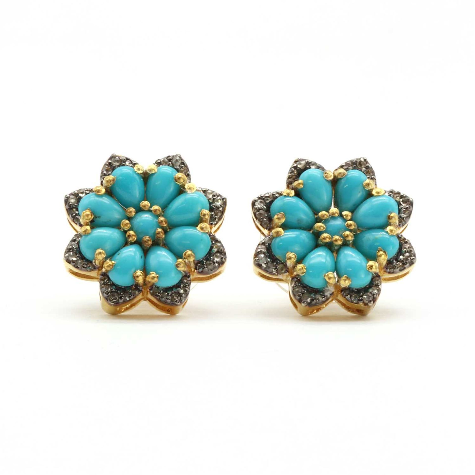 A pair of turquoise and diamond cluster stud earrings,