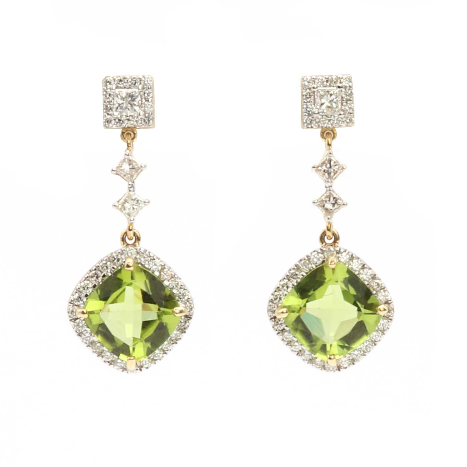 A pair of gold peridot and diamond drop earrings,