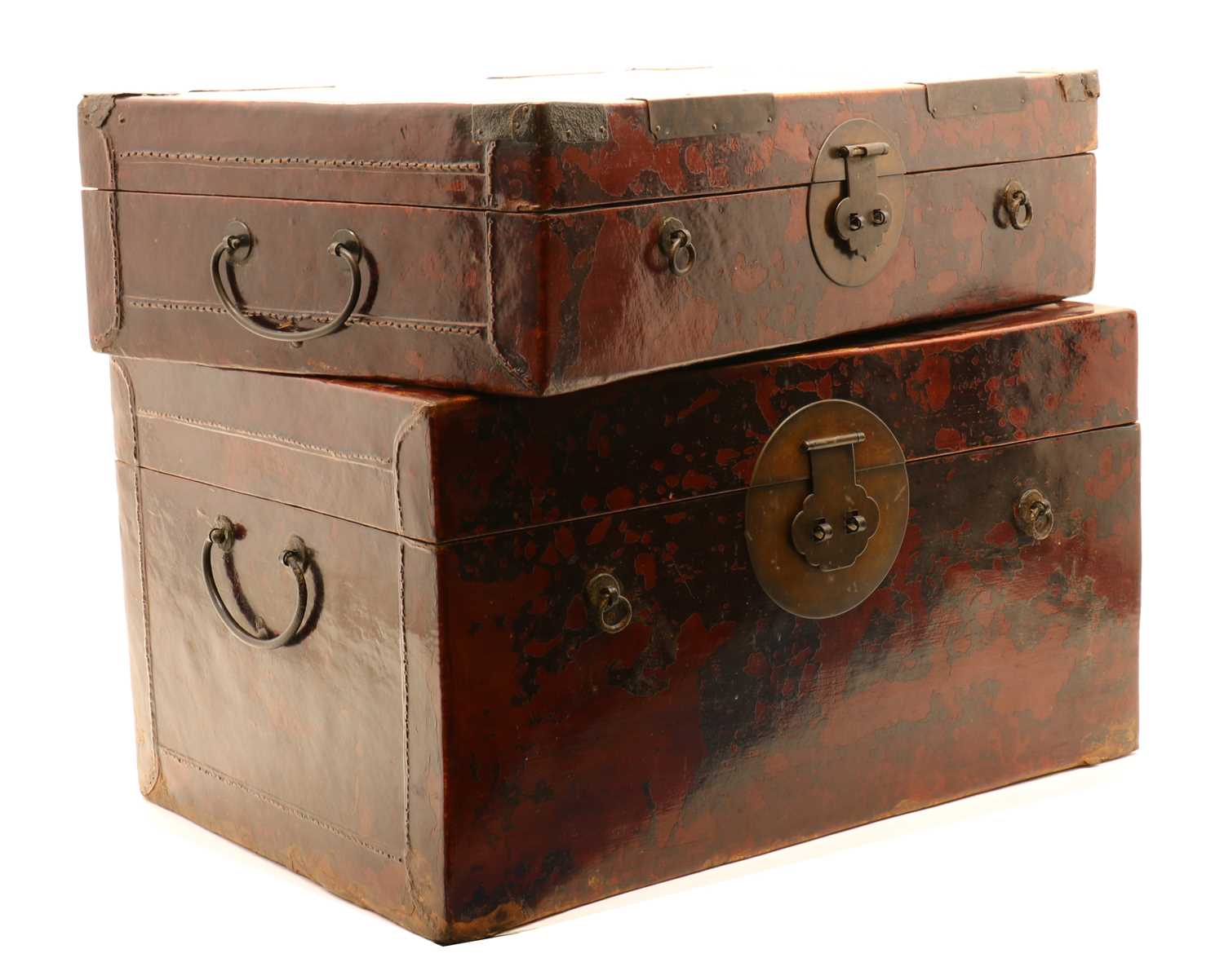 A collection of four Chinese lacquered leather trunks, - Image 2 of 5