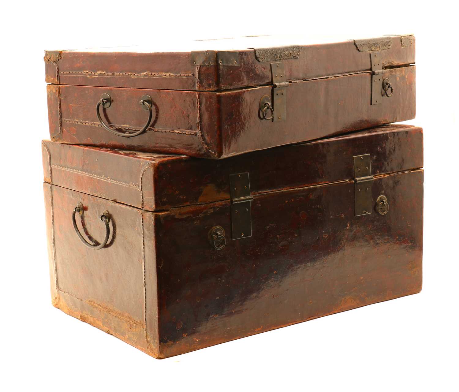 A collection of four Chinese lacquered leather trunks, - Image 3 of 5