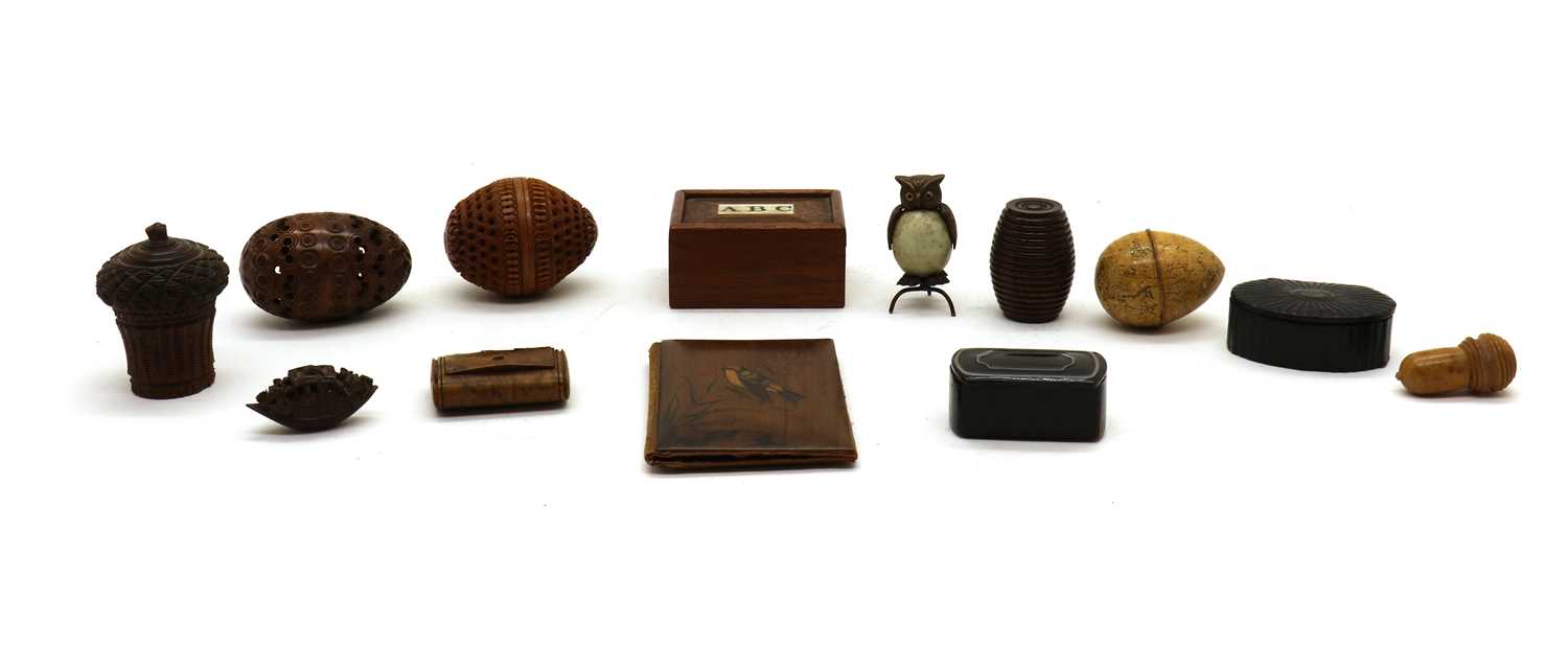 A collection of coquilla nut items,
