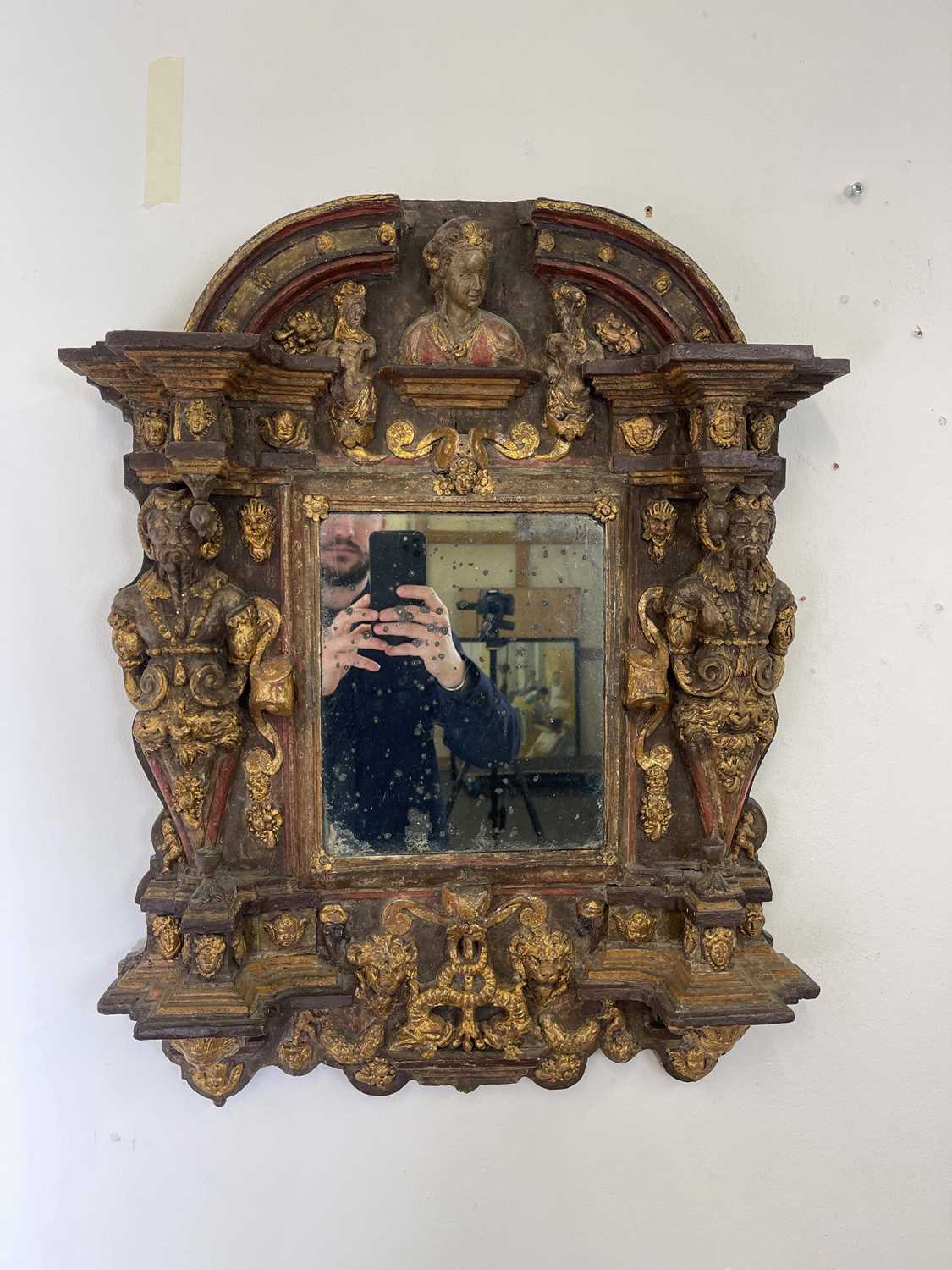 A Renaissance-style painted and parcel-gilt tabernacle mirror, - Image 12 of 69