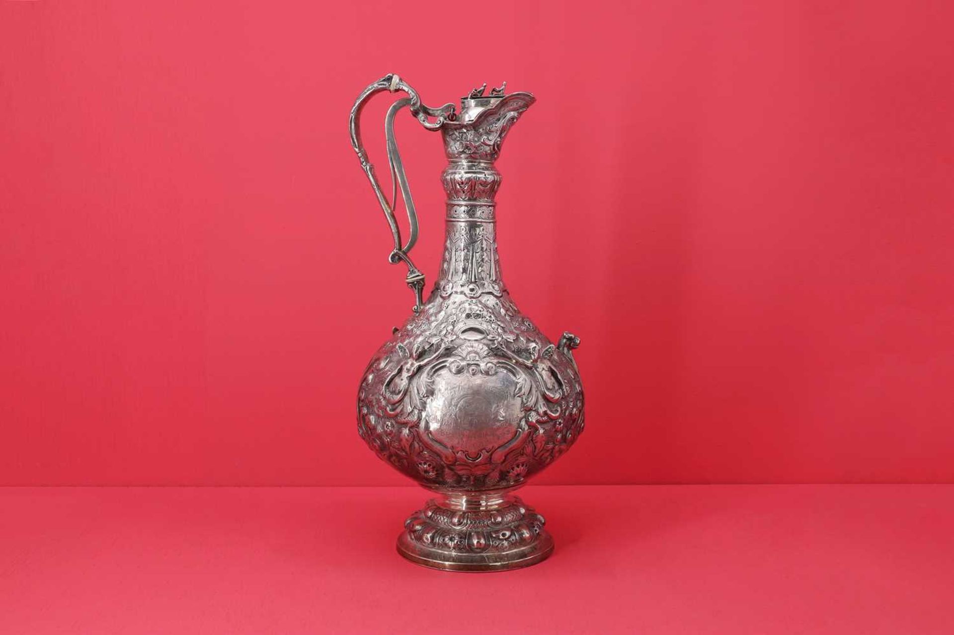An Victorian Irish silver Armada pattern claret jug,