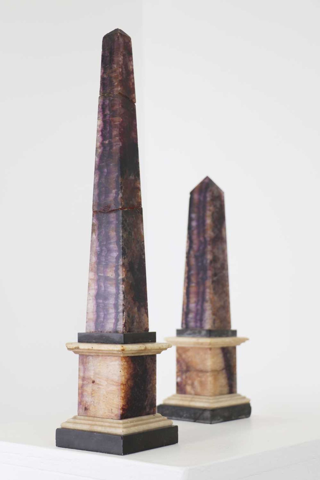 Two Blue John or Derbyshire fluorspar obelisks,