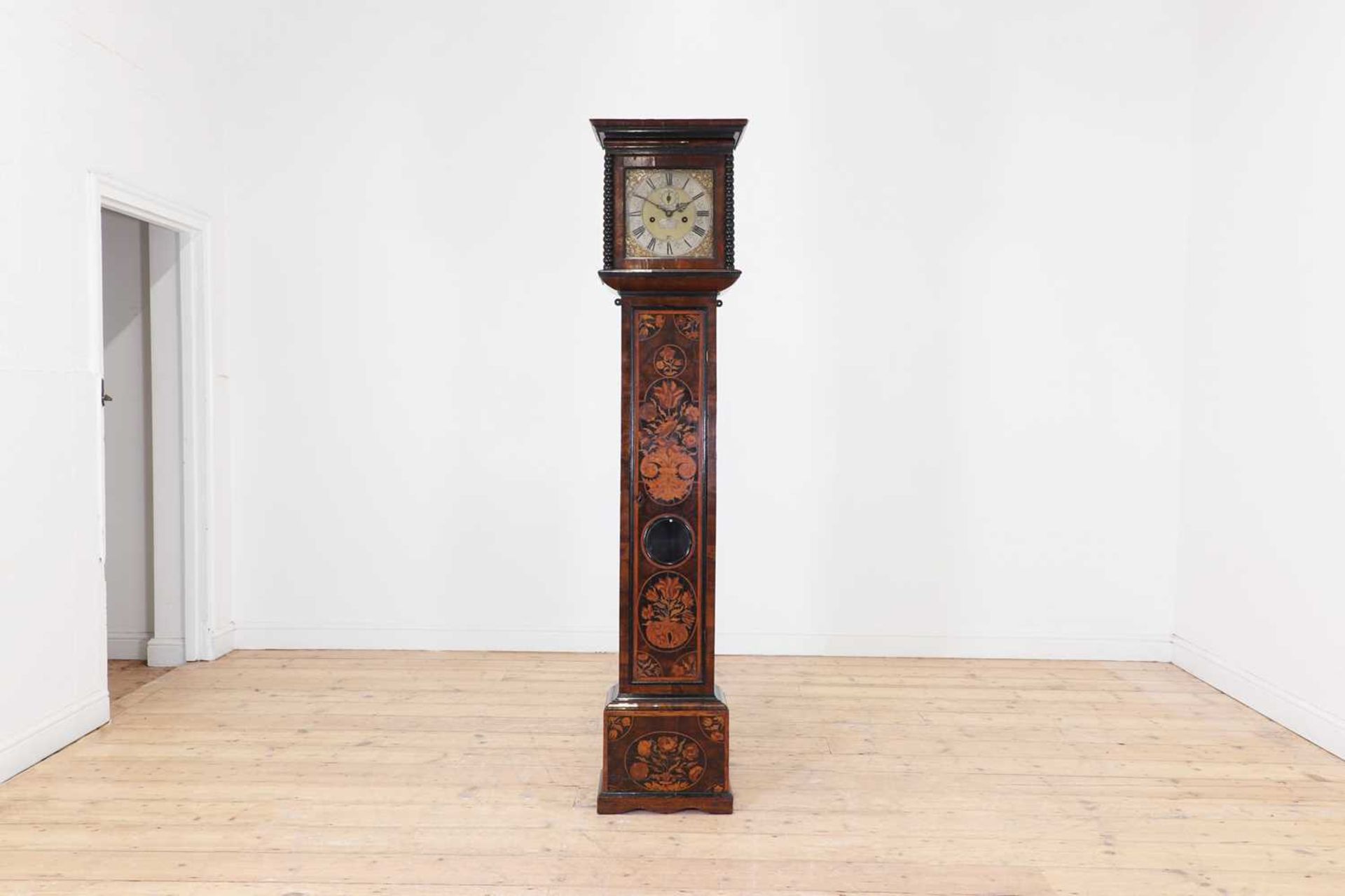 A William and Mary oyster-veneered olive wood, walnut and marquetry longcase clock,