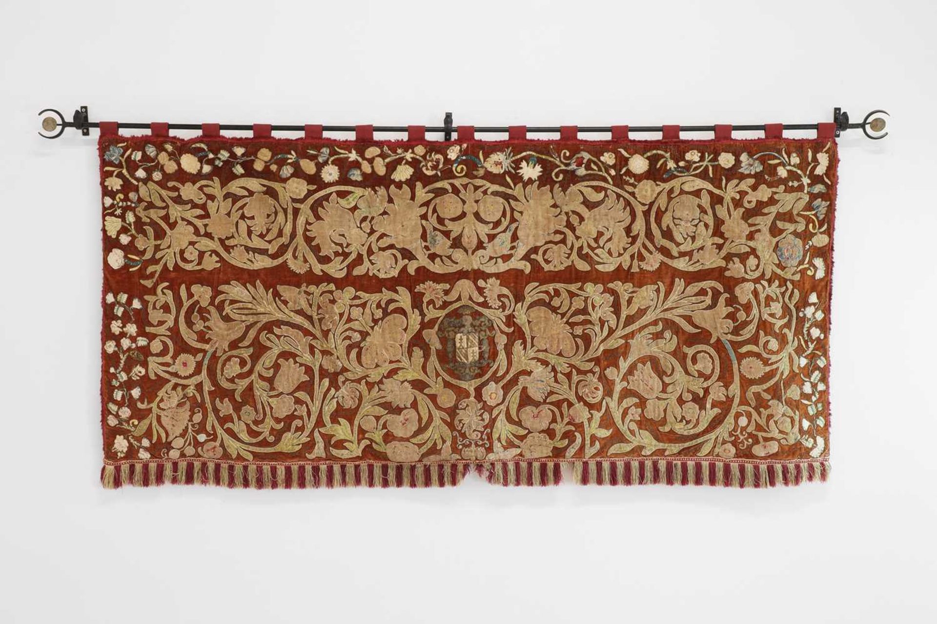 A velvet, silk and metal thread appliqué and embroidered hanging,