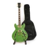 A Harley Benton HB-35Plus Metallic Green electric semi-hollow body guitar