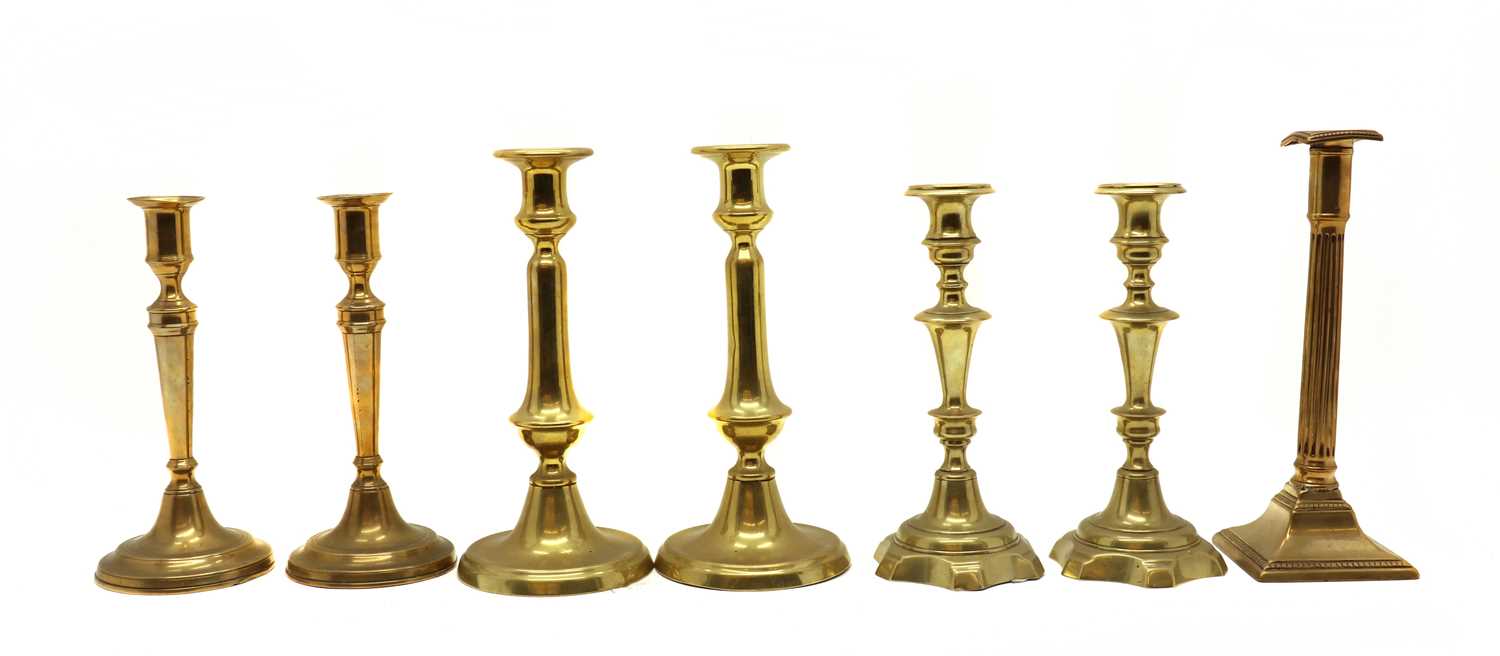 Three pairs of brass candlesticks, - Image 2 of 3