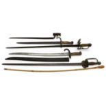 A group of five swords and bayonets,