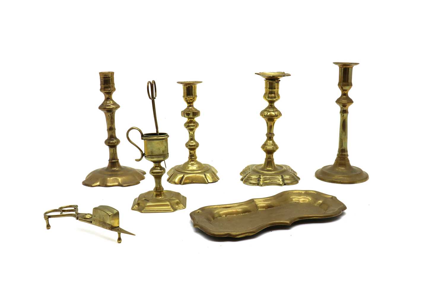 A small brass standing snuffer and stand,