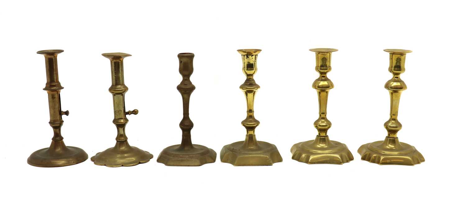 Six Georgian brass candlesticks, - Image 2 of 3