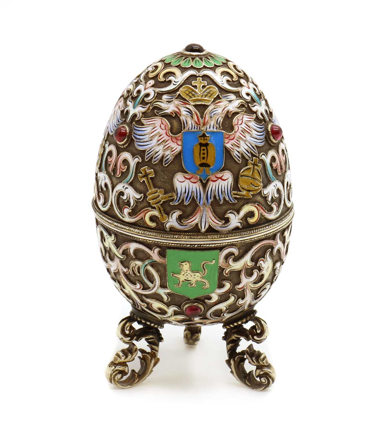 A Russian silver gilt and cloisonne enamel egg,