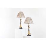 A pair of Empire-style gilt and patinated bronze candlestick lamps,