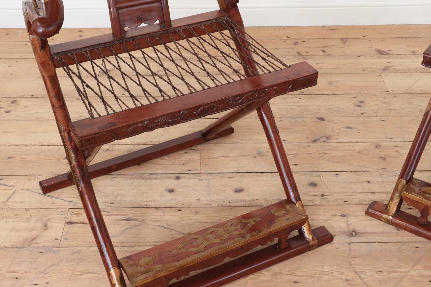 A pair of Chinese hardwood horseshoe-back folding chairs, - Image 8 of 9