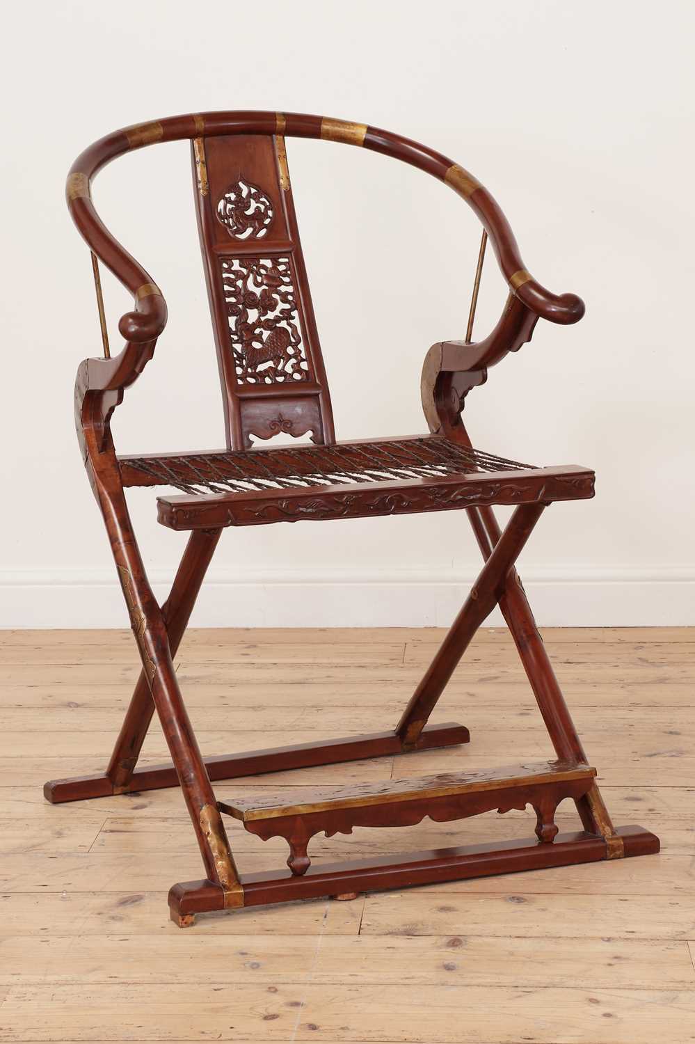 A pair of Chinese hardwood horseshoe-back folding chairs, - Image 3 of 9