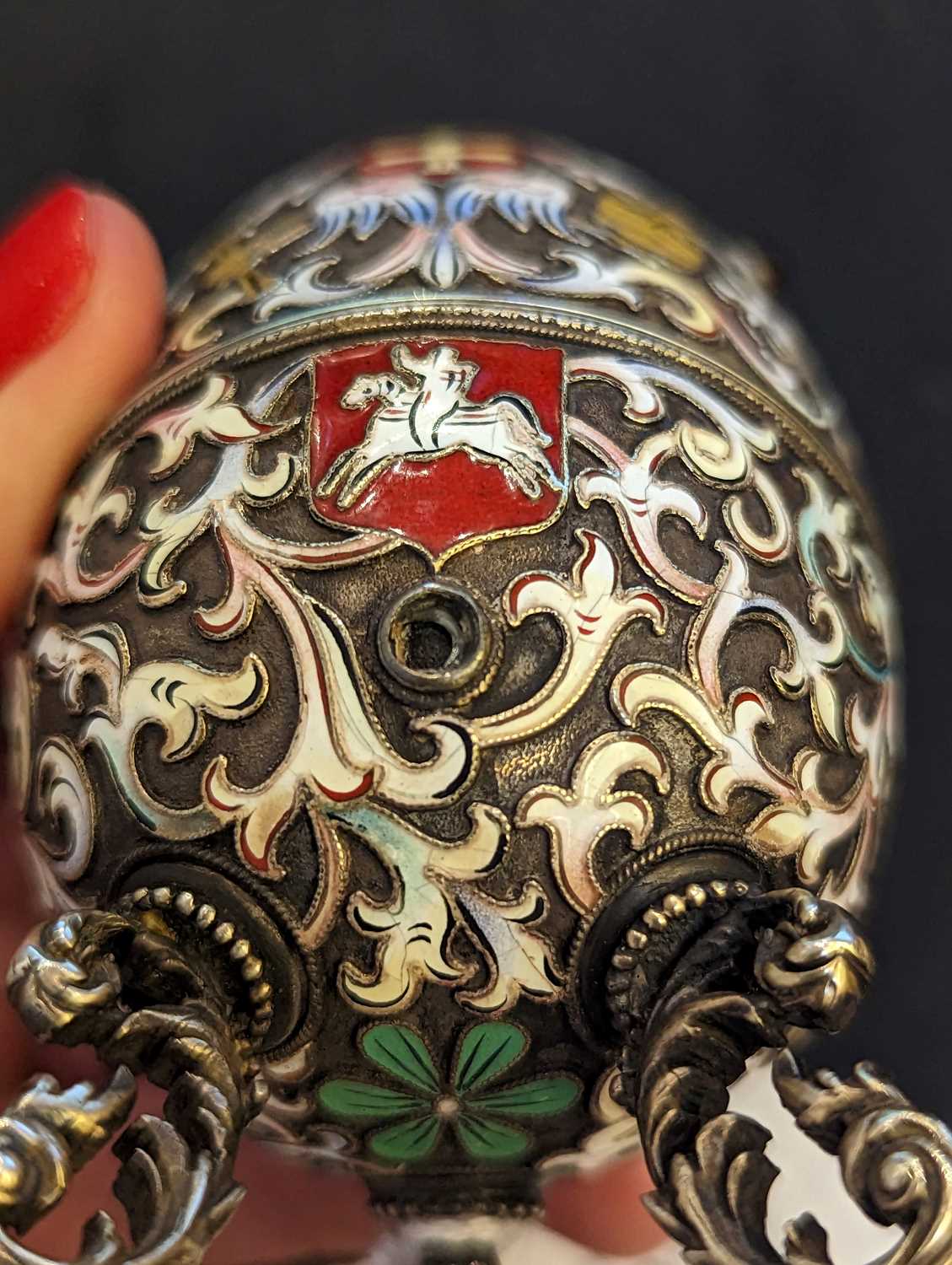 A Russian silver gilt and cloisonne enamel egg, - Image 11 of 19