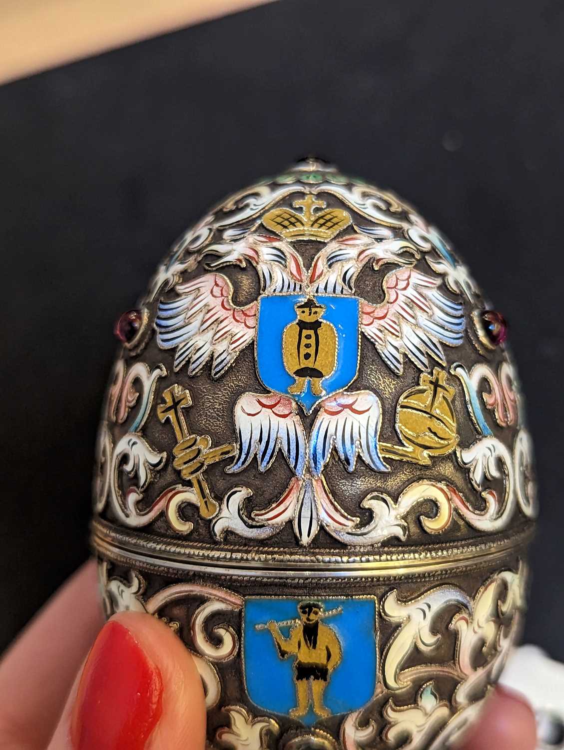 A Russian silver gilt and cloisonne enamel egg, - Image 17 of 19