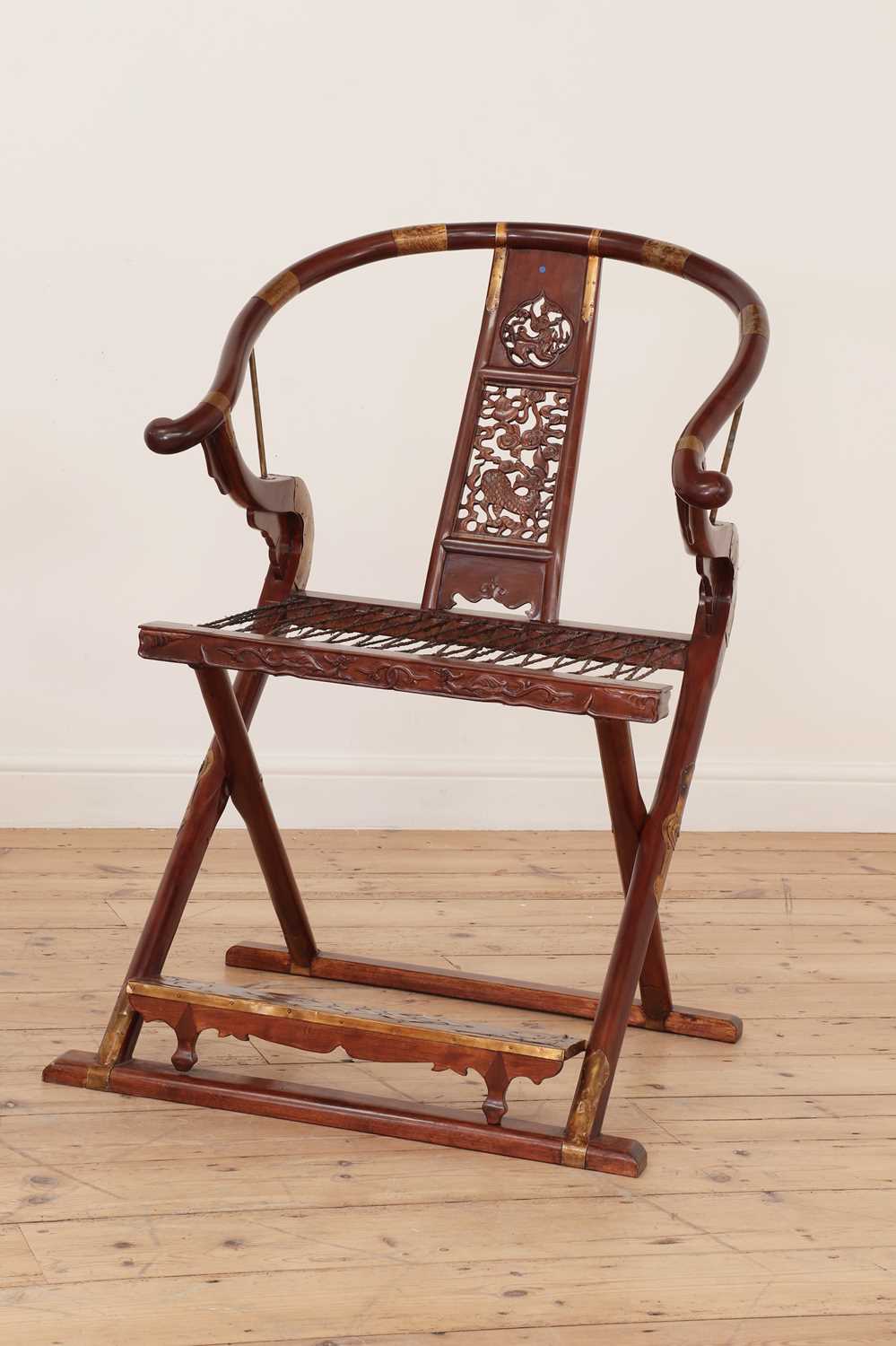 A pair of Chinese hardwood horseshoe-back folding chairs, - Image 4 of 9