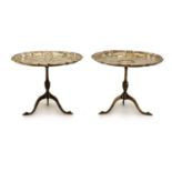 A near pair of novelty silver miniature tripod tables