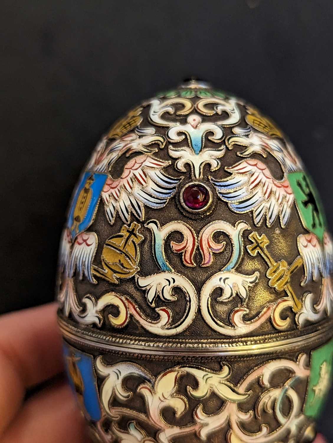 A Russian silver gilt and cloisonne enamel egg, - Image 16 of 19