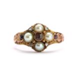 A Victorian gold split pearl garnet cluster ring,