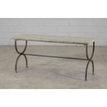 A French wrought iron and marble inset low table,