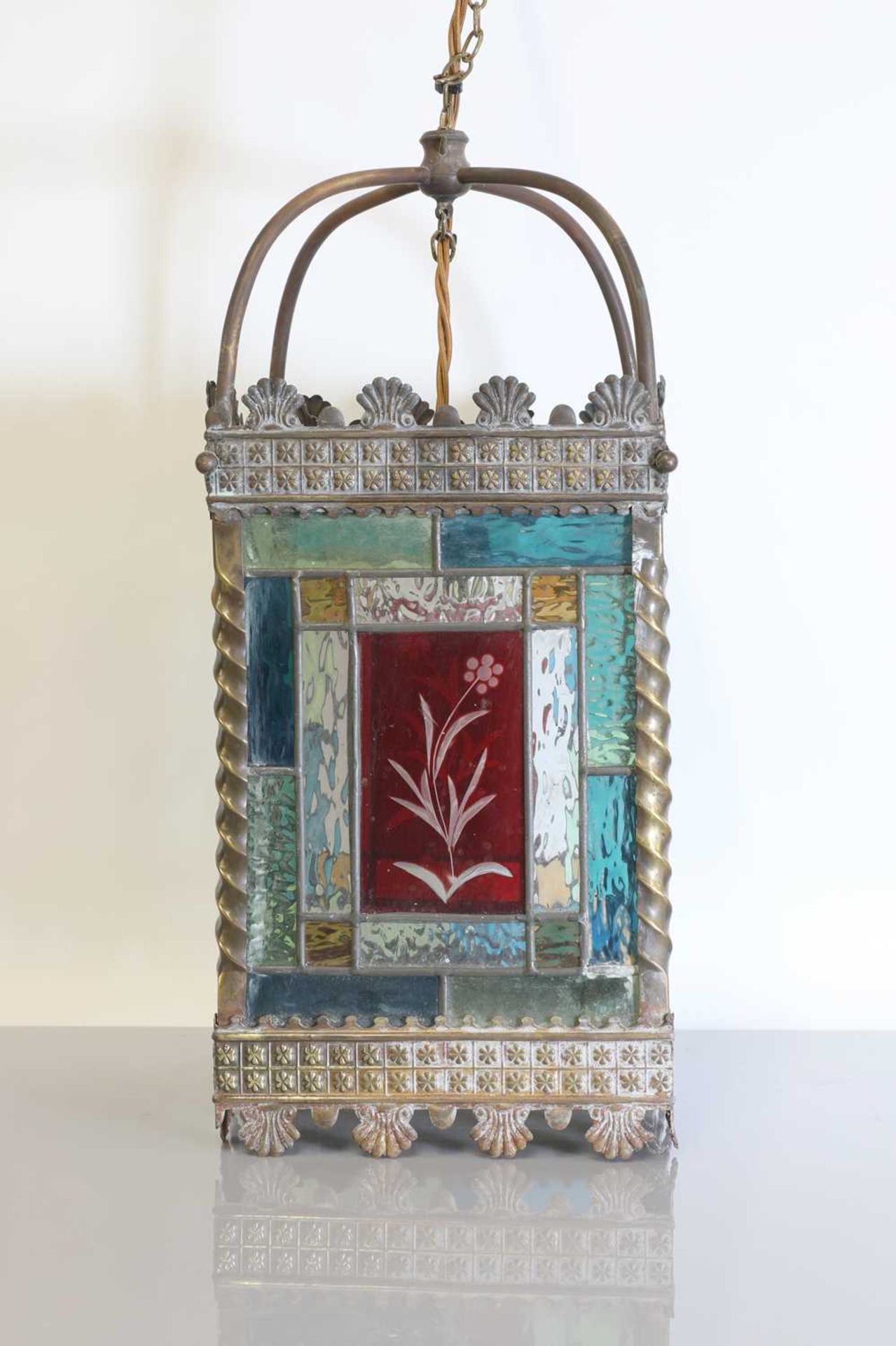A gilt-metal and stained-glass hall lantern, - Image 2 of 6