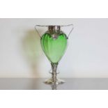 An Arts and Crafts green glass and silver-mounted vase,