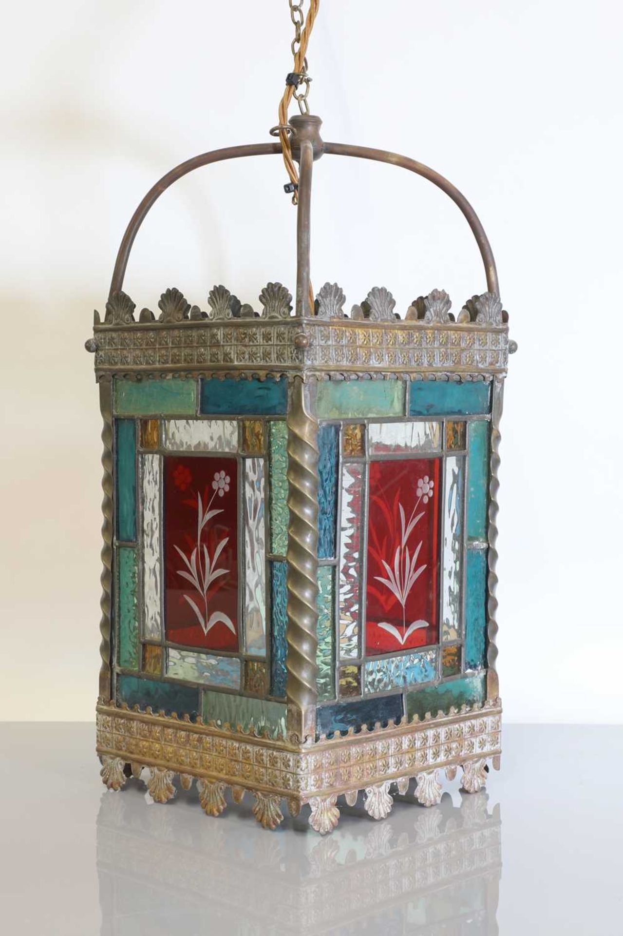 A gilt-metal and stained-glass hall lantern,