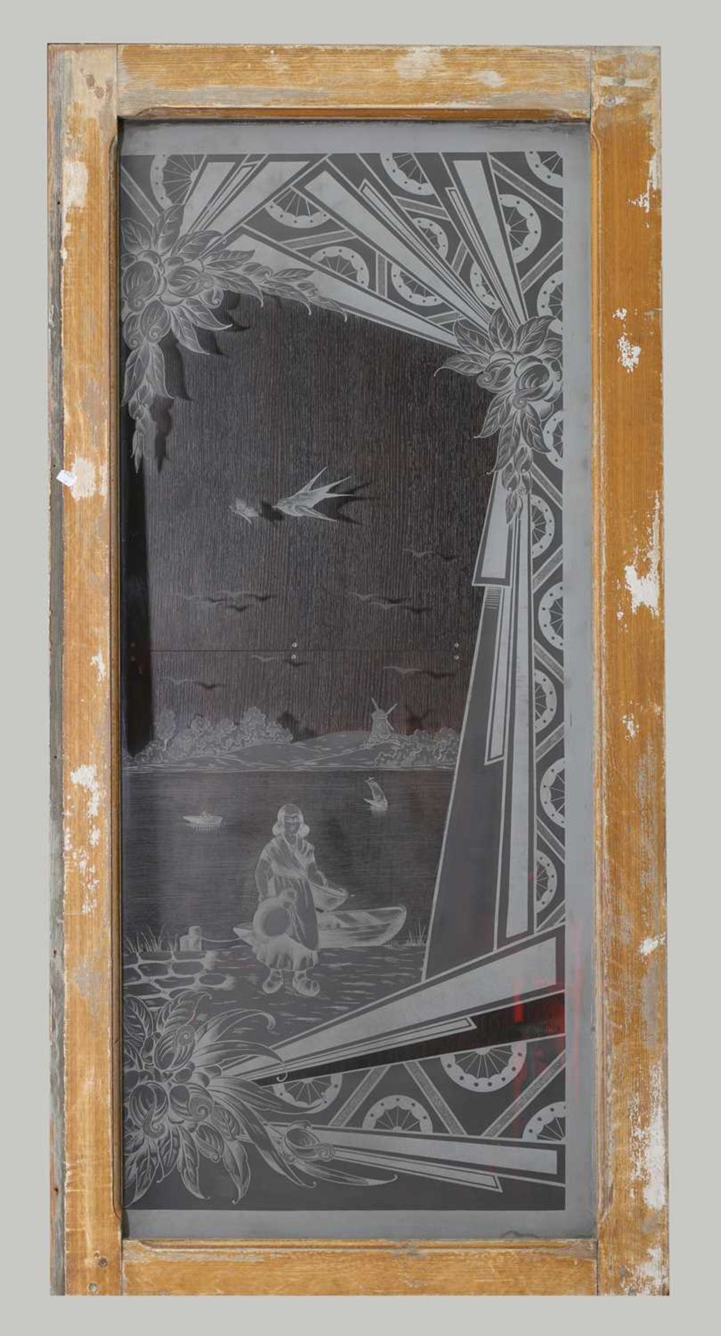 A pair of large Art Deco etched glass panels, - Image 2 of 2
