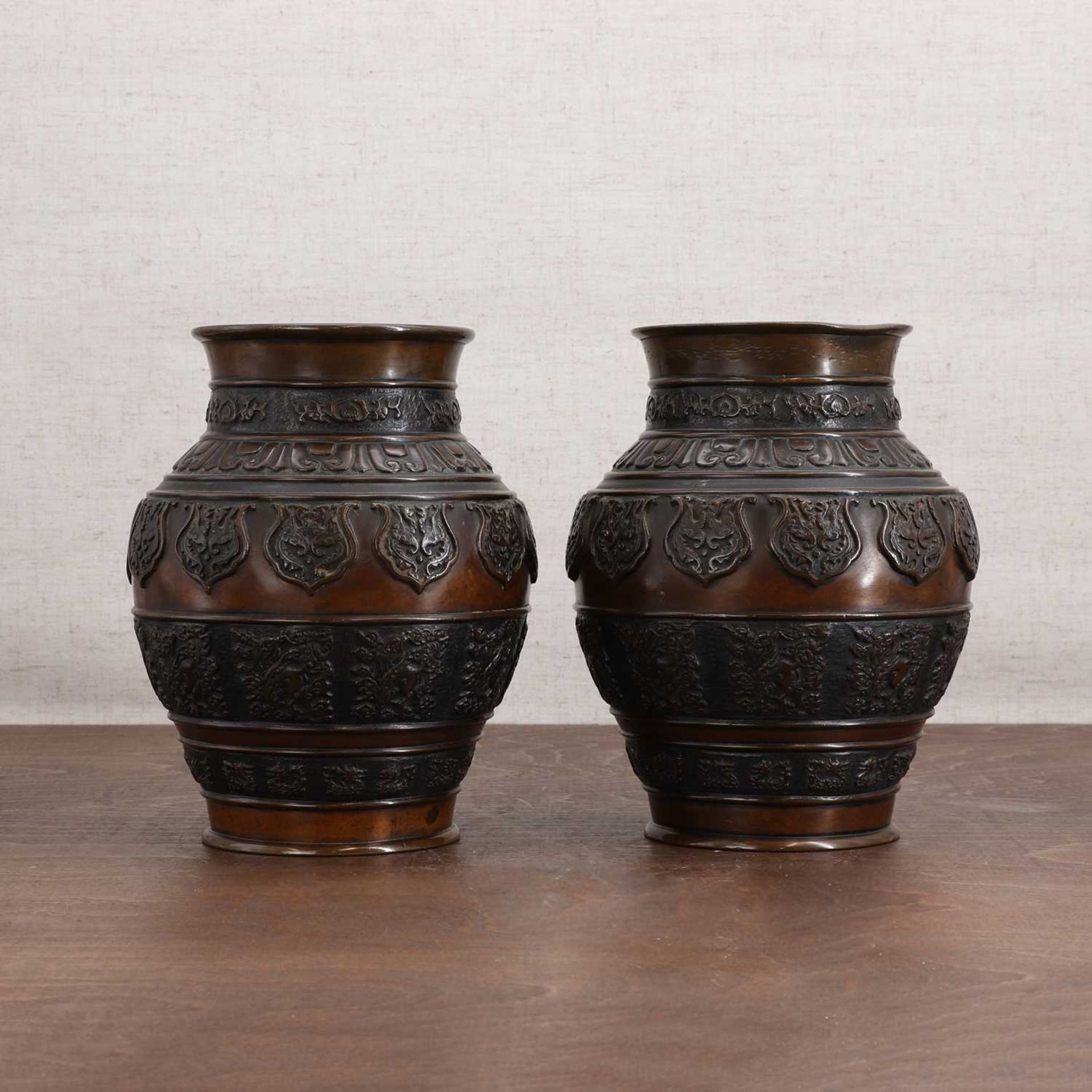 A pair of Japanese bronze vases, - Image 2 of 5