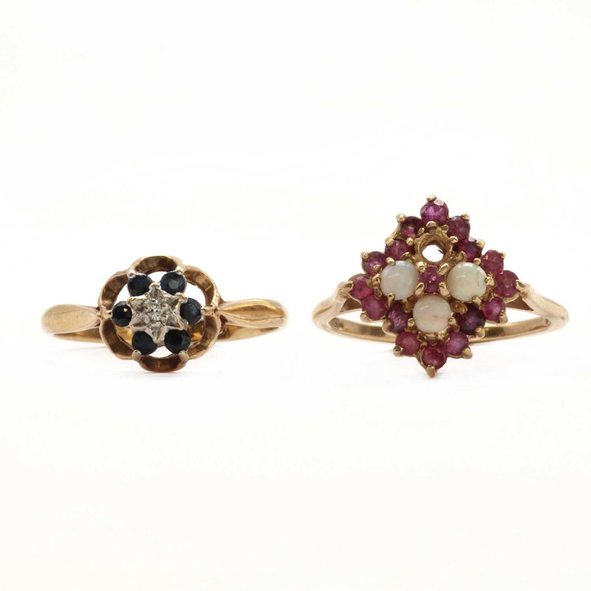 A 9ct gold ruby and opal square cluster ring,