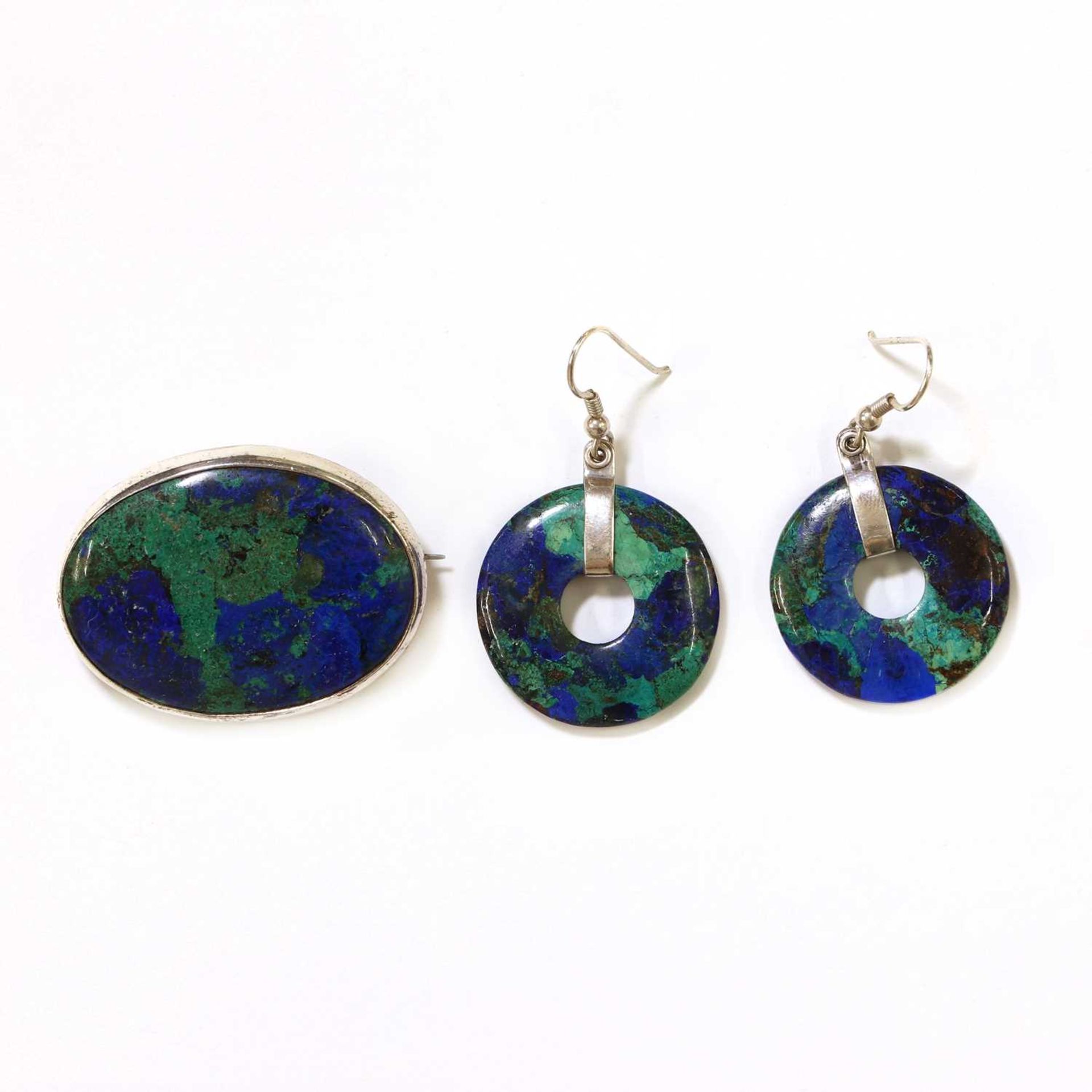 A silver azurite malachite brooch and earrings suite, - Image 2 of 2