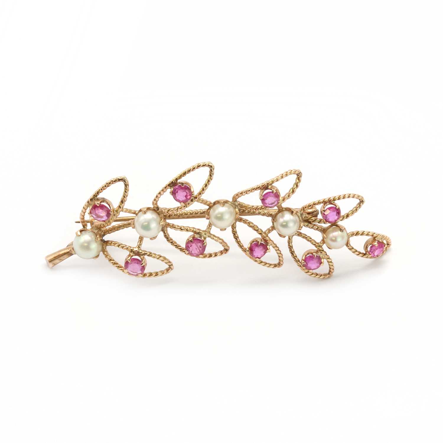 A gold ruby and freshwater pearl spray brooch,